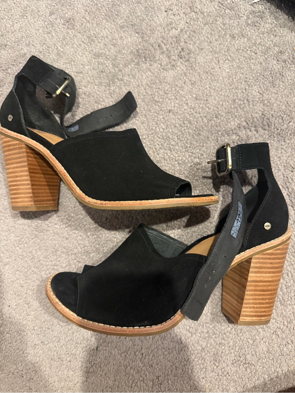 UGG Black Suede Peep-Toe Block Heel Sandals - Women